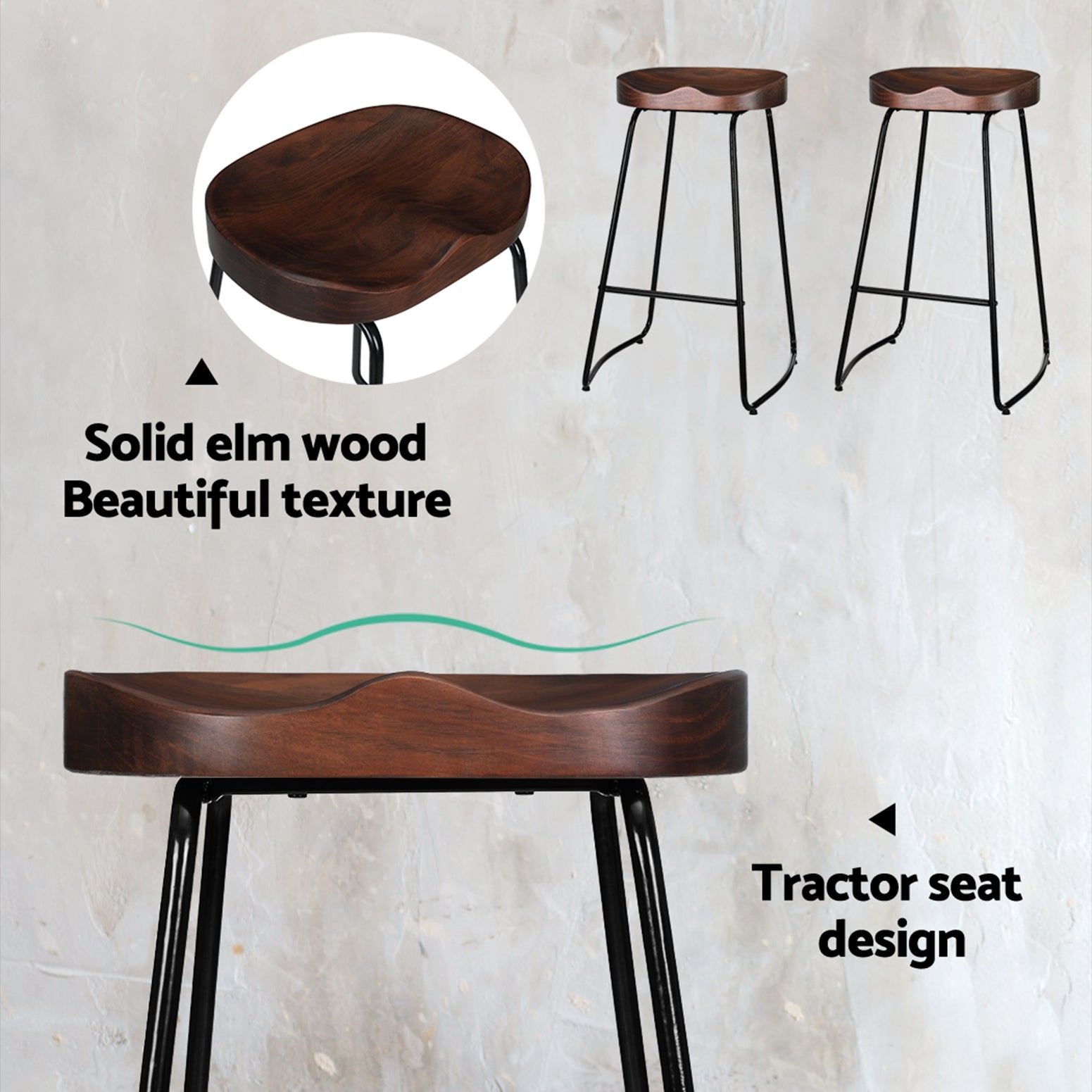 Artiss Set of 2 Backless Elm Wood Bar Stools 75cm - Black