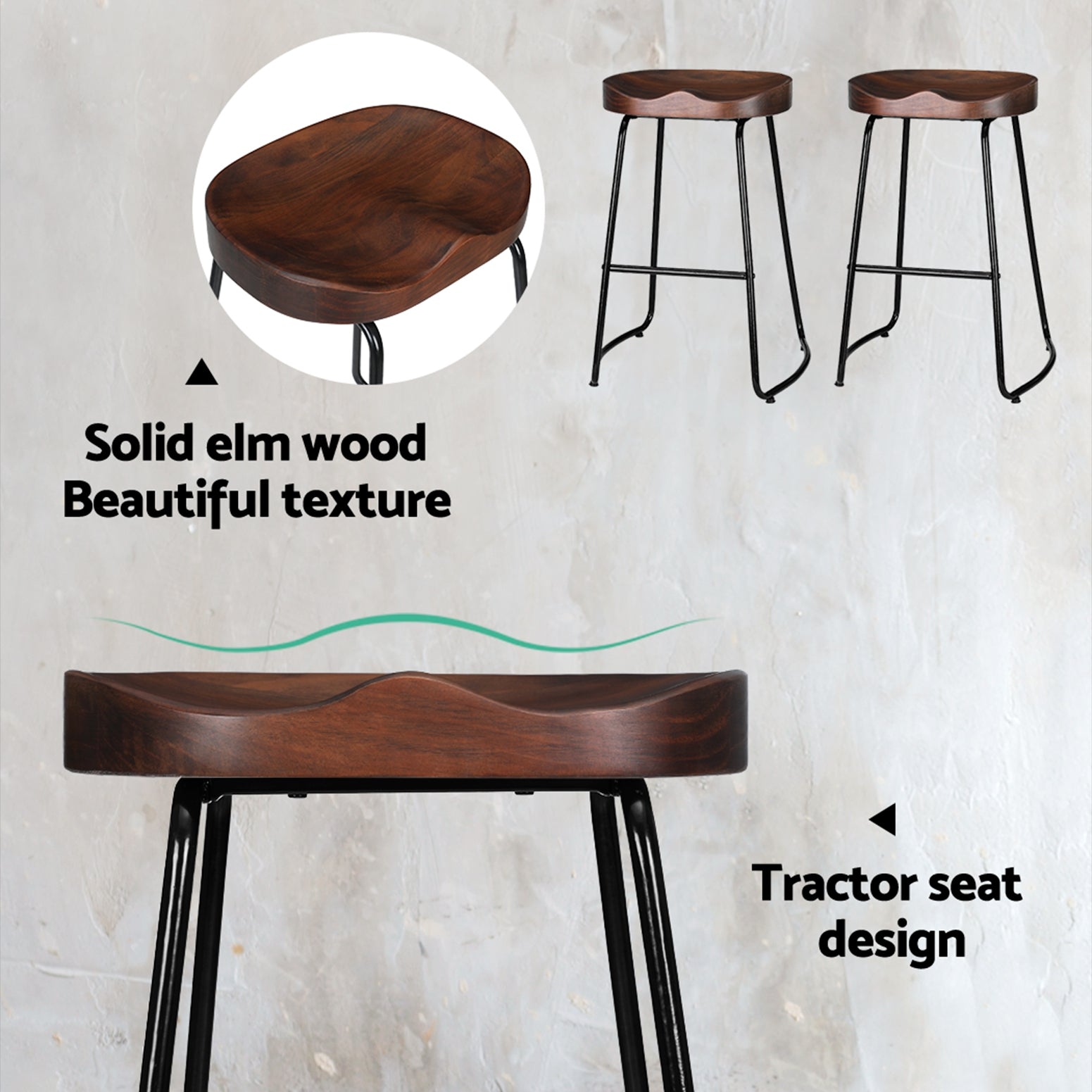 Artiss Set of 2 Elm Wood Backless Bar Stools 65cm - Black and Dark Natural