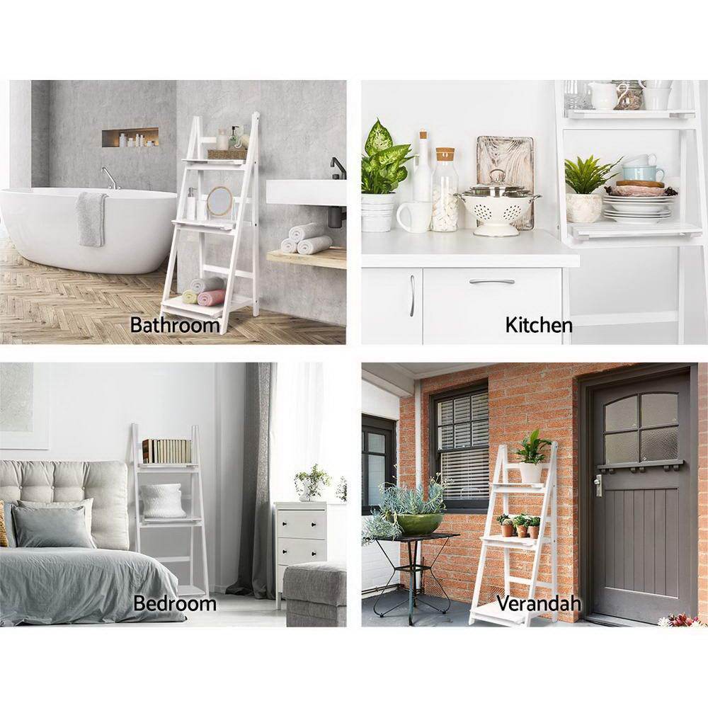 Artiss 3 Tier Wooden Ladder White Stand Book Shelves