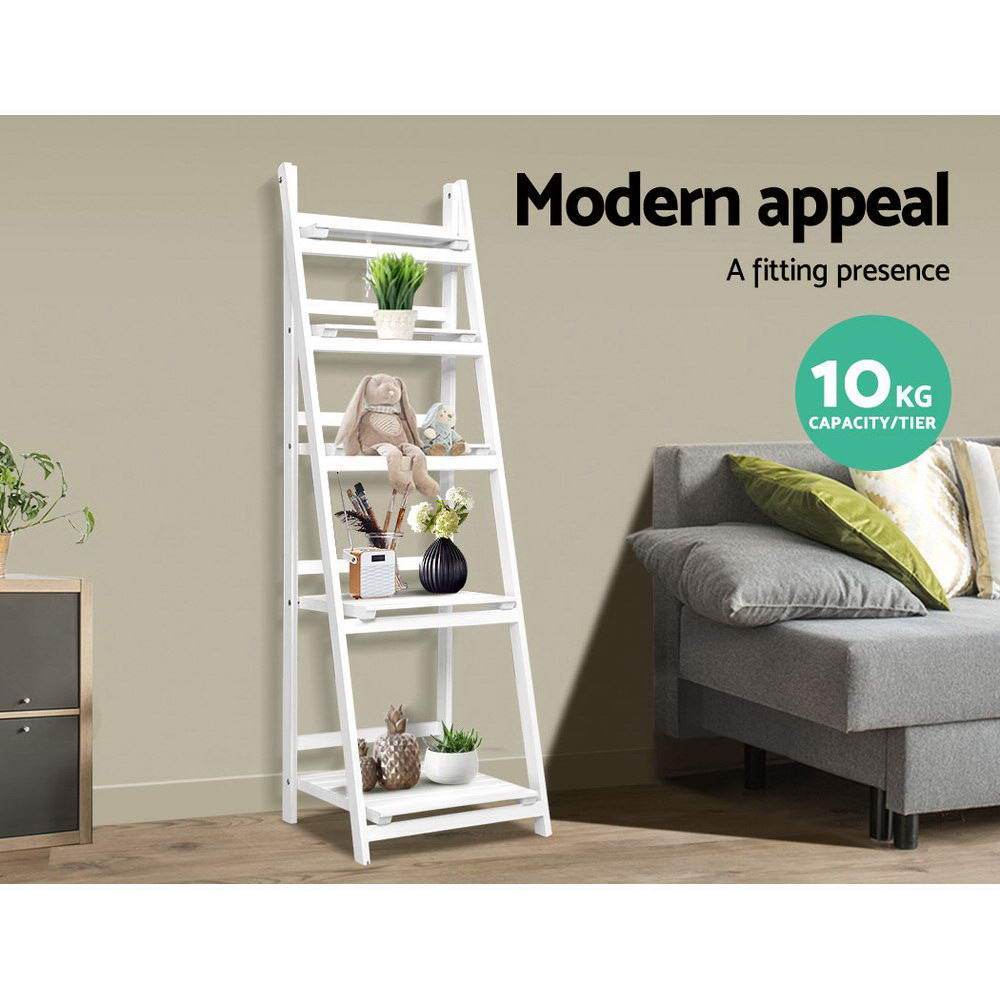 Artiss 5 Tier Wooden Ladder Stand Book Shelves Rack White